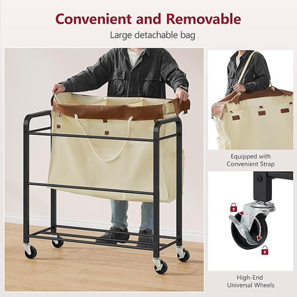 Tajsoon 148L Large Laundry Sorter 3 Section, Laundry Hamper with Heavy Duty Lockable Wheels, Rolling Laundry Cart with Sturdy Metal Frame, Leather Patchwork Laundry Basket with Removable Bag, Beige