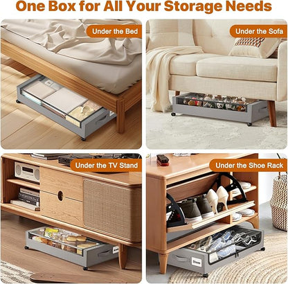 Under Bed Storage with Wheels,XXL 60L Under Bed Storage Containers with Clear Lids, Rolling Under Bed Metal Drawer for Clothes, Shoes,Toys(Gray, 2 Pack)