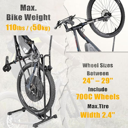 CyclingDeal Upright Bike Stand - Premium Quality Vertical & Horizontal Adjustable Bicycle Floor Parking Rack - for Storing MTB Road Bikes - up to 29” Wheel Size - for E Bike - 1 Bike