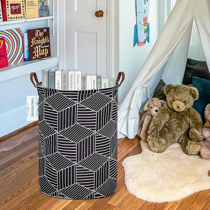 Laundry Basket Canvas Fabric Collapsible Organizer Basket for Storage Bin Toy Bins Gift Baskets Bedroom Clothes Children Nursery Hamper (Black diamond)