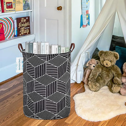 Laundry Basket Canvas Fabric Collapsible Organizer Basket for Storage Bin Toy Bins Gift Baskets Bedroom Clothes Children Nursery Hamper (Black diamond)