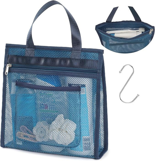 F-color Mesh Shower Caddy Portable Hanging - 3 Pockets Small Shower Bag Tote for Camping, Gym, Travel, Toiletry, Quick Dry Bathroom Essentials with S Hook, Navy Blue