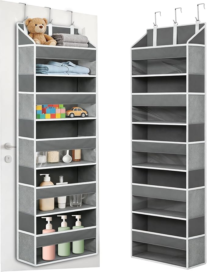 Over the Door Organizer with 5 Large Pockets and 10 Mesh Side Pockets, Hanging Organizer with Clear Windows 44 lbs Weight Capacity for Bedroom, Bathroom, Pantry, Nursery Dark Gray