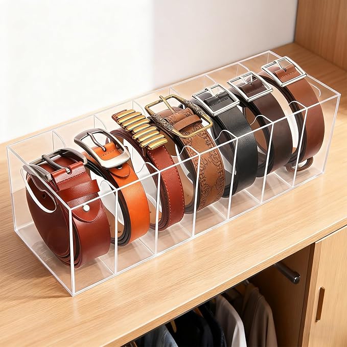 Meaocer Belt Organizer - 7 Compartment Acrylic Belt Display Case for Closet Ties and Bow Ties