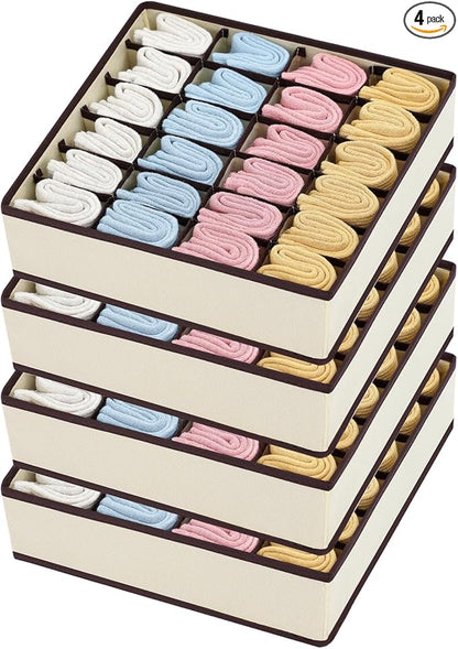 Sock Organizer 4 Pack, Large Sock Drawer Divider, Underwear Storage 24 Cell Closet Organizers and Storage for Wardrobes, Drawers. (Beige)