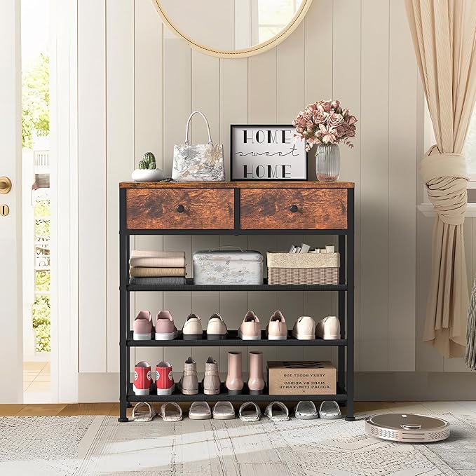 usikey Shoe Rack, 4 Tier Shoe Storage Organizer with 2 Drawers, Metal Shoe Shelf for 9-12 Pairs of Shoes, with 3 Oxford Fabric Shelves and Wooden Top, Shoe Stand for Entryway, Rustic Brown UNYXJX012F