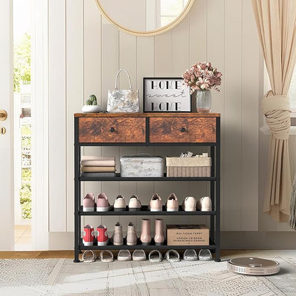 usikey Shoe Rack, 4 Tier Shoe Storage Organizer with 2 Drawers, Metal Shoe Shelf for 9-12 Pairs of Shoes, with 3 Oxford Fabric Shelves and Wooden Top, Shoe Stand for Entryway, Rustic Brown UNYXJX012F
