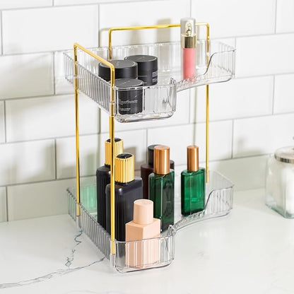 BIRDROCK HOME 2-Tier Corner Cosmetic Organizer - Clear Shelves with Gold Hardware, Easy Assembly, Durable Design for Makeup, Perfumes, and Self-Care Products