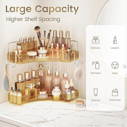 Golden Corner Counter Organizer, 2 - Tier Bathroom & Kitchen Storage Tray with Hooks | PET Vanity Organizer for Skincare, Makeup & Jewelry