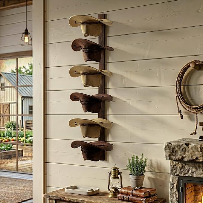 P-ALADIN Cowboy Hat Rack, Cowboy Hat Holder, 6-Piece Wall Rack with Natural Wood Backboard, Wide-Brim Hangers, Shape-Keeping Design, Rustic Decor (Modern)