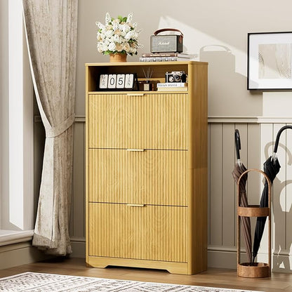 Shoe Cabinet Storage for Entryway Hidden Shoes Storage Cabinet with 3 Flip Drawers, Tall Free Standing Shoe Organizer Rack for Foyer, Hallway