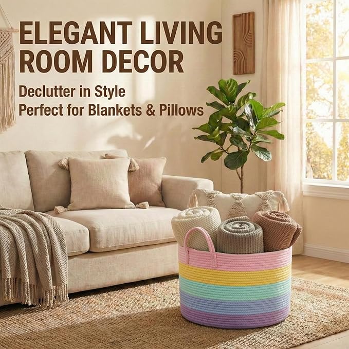 JMvicyroam 115L Extra Large Blanket Basket for Living Room - Woven Cotton Rope Laundry Hamper with Reinforced Handles - Storage Bin for Pillows, Comforters & Toys - Machine Washable,Rainbow