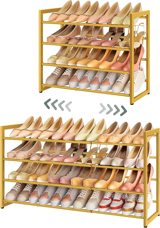 FAVOOSTY 4-Tier Expandable Shoe Rack, Adjustable Shoe Shelf Storage Organizer Space Saving Metal Free Standing Shoe Rack for Entryway Closet Doorway, Gold