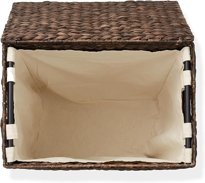 Casafield Large Laundry Hamper with Lid and Removable Liner Bag - Espresso Dark Brown, Woven Water Hyacinth Rectangular Laundry Basket Clothes Sorter