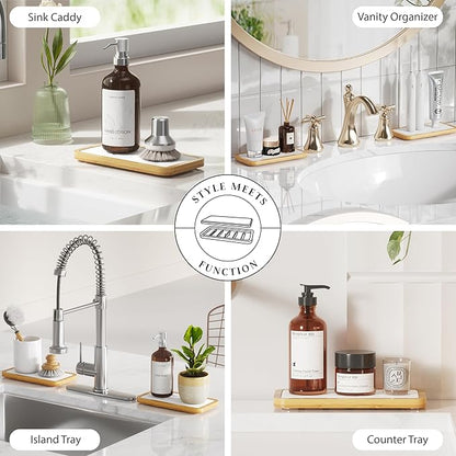 Water Absorbing Stone Tray for Sink, Kitchen Sink Caddy Organizer, Diatomite Bathroom Vanity Counter Tray, Soap Dispenser Sponge Holder, Fast Drying Stone Faucet Mat with Bamboo Tray