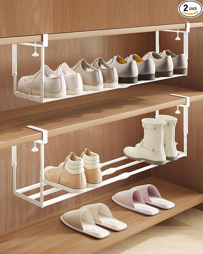 2 Pack Expandable Shoe Rack Organizer for Cabinet, Adjustable Hanging Under Shelf Storage, Sturdy Round Tube Design, Space Saving Shoe Shelf for Closet, Entryway, Laundry Room, White