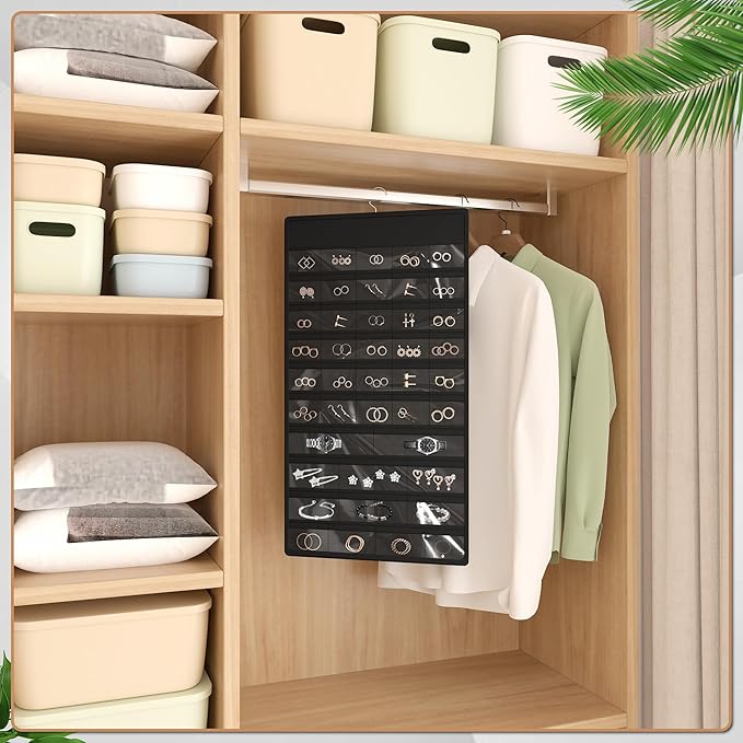 Hanging Jewelry Organizer Storage Roll, Double-Sided Necklaces Holder, 42 Pockets Plus 36 hooks Earrings Organizer Hang in Closet, On Wall, or Doors, Black