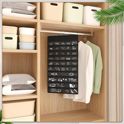 Hanging Jewelry Organizer Storage Roll, Double-Sided Necklaces Holder, 42 Pockets Plus 36 hooks Earrings Organizer Hang in Closet, On Wall, or Doors, Black