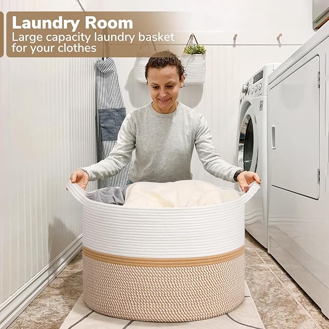 CHICVITA XXL Extra Large Blanket Basket, Cotton Rope Storage Basket for Organizing, Home Decor Woven Basket for Laundry Baby Nursery Decorative Toy Bin, White and Brown, 22" x 22" x 14"