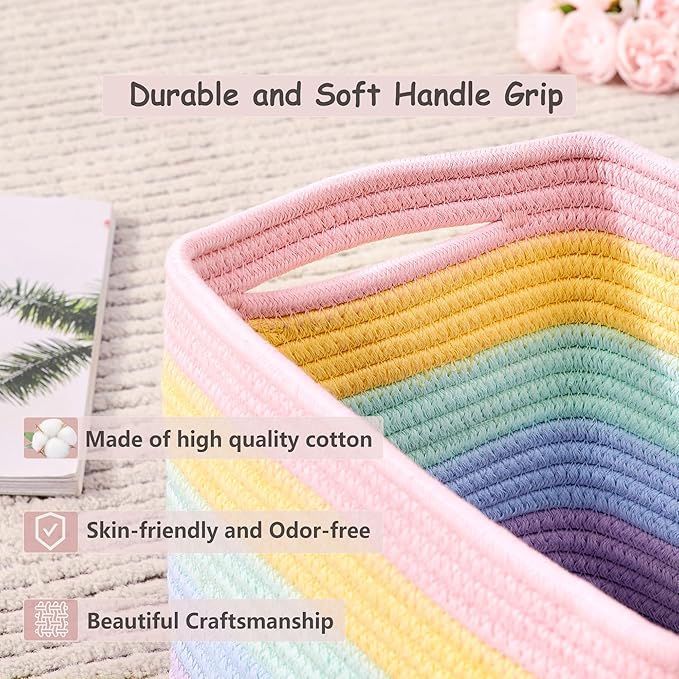 Set of 4 Rainbow Rope Basket for Shelves Woven Rectangle Storage Basket Bins for Nursery Toy Storage for Baby Girl