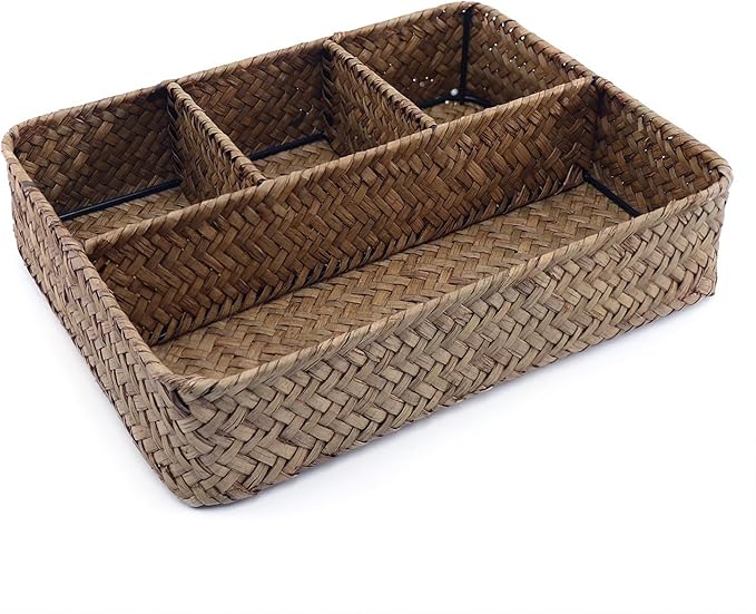 Wicker Baskets 4-Section Tea Bag/Sugar Packet Holder,Seagrass Woven Compartment Organizer,Storage Rattan Divided Basket,Office-Desk Baskets for Shelves,Pantry,Coffee Organizer,Countertops-Brown