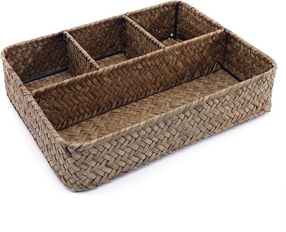 Wicker Baskets 4-Section Tea Bag/Sugar Packet Holder,Seagrass Woven Compartment Organizer,Storage Rattan Divided Basket,Office-Desk Baskets for Shelves,Pantry,Coffee Organizer,Countertops-Brown