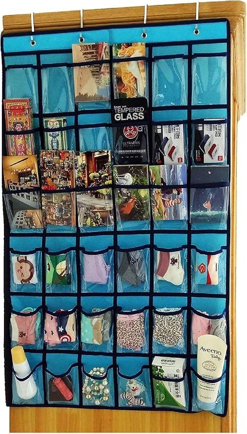 NIMES Hanging Closet Underwear Sock Jewelry Storage Over The Door Classroom Cell Phone Calculator Organizer 36 Clear Pockets (Blue)