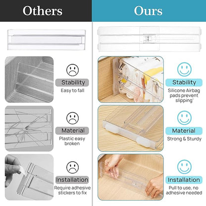 Vtopmart 8 Pack Drawer Dividers for Clothes, 4" High 13"-22" Adjustable Expandable Dresser Drawer Organizer, Clear Plastic Separators for Dresser, Baby Clothing, Underwear, Cosmetic, Toiletries