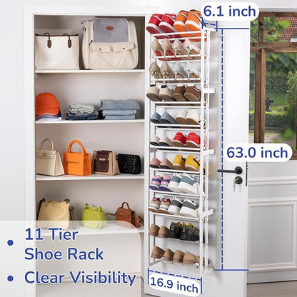 HUXOR 11 Tier Over The Door Shoe Organizer, Heavy-Duty Metal Shoe Rack for Door, Fit 22 Pairs Hanging Shoe Organizer for Sneakers, High Heel (White)