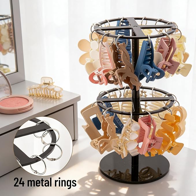 2-Tier Black Acrylic Claw Clip Organizer Rack-Large Capacity Hair Claw Clips Holder for Bathroom, Bedroom- Durable Clear Hair Accessories Organizer Storage for Women and Girls (Black)