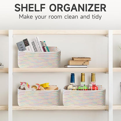 3-Pcs Shelf Baskets for Organizing, Closet Organizer Bins, Small Woven Baskets, Rope Toy Basket, Storage Basket for Shelves, Cube Decorative Box, 11.8×7.8×5.1”, Rainbow