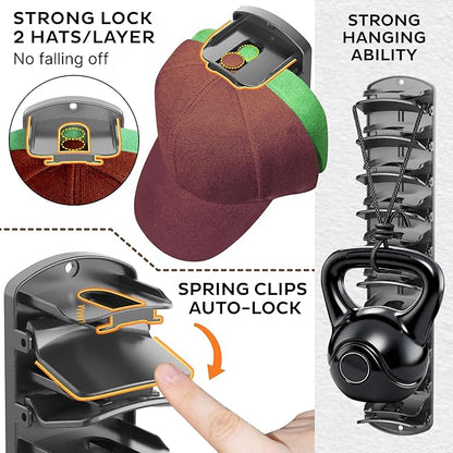 Spring Clip Hat Organizer Hold Storage 40 Caps for Baseball Caps（2-Pack） Wall Mount Closet & Door Hat Rack Holder Hanging Closet Install with Strong Adhesive or Screws.