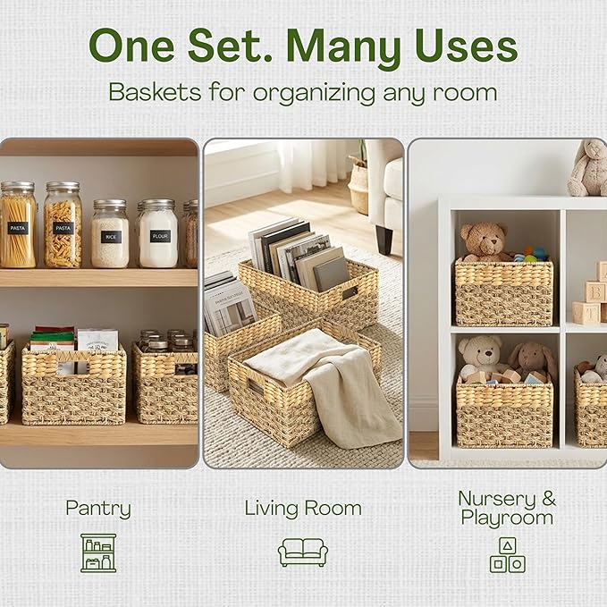 Wicker Basket Set of 4, Natural Seagrass and Hyacinth Nesting Storage Baskets with Handles for Organizing Shelves, Closet, Pantry, Living Room, Decorative Wicker Storage Baskets, 4 Pack