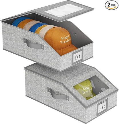 Simple Trending Hat Organizer for Baseball Caps, 2PCS Stackable Storage with Clear Window Lid,Hat Box for Closet, Holds up to 24 Caps Hat Organizer for Closet, Grey