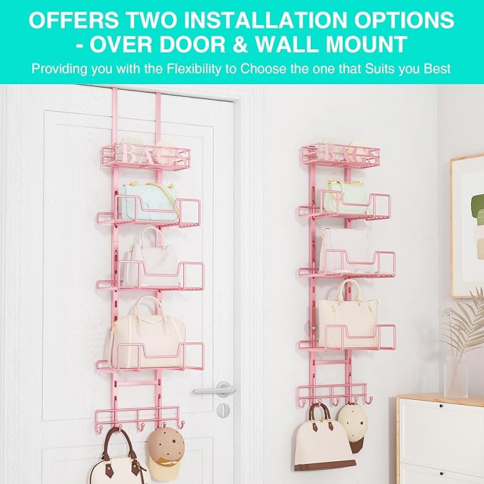 HapiRm Over Door Purse Organizer - Adjustable Purse Storage Rack with Bags Design Metal Basket, Wall Mounted Handbag Organizer, Hanging Handbag Holder, Can Use As 1/2 Part Detachable