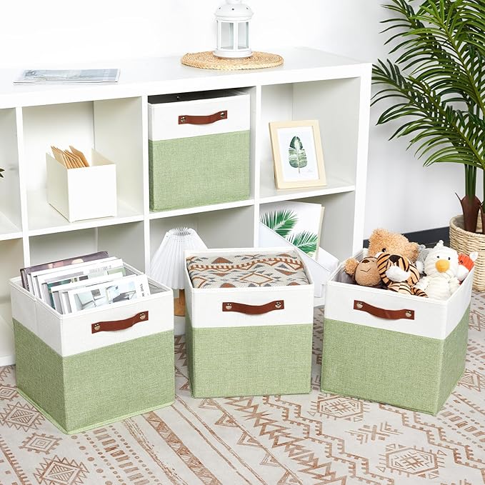 DULLEMELO Fabric Storage Cubes, 12x12 Storage Cube Bins for Organizing, Foldable Storage Baskets Square Cloth Bins for Cube Storage, Cube Organizer for Storage,White&Green