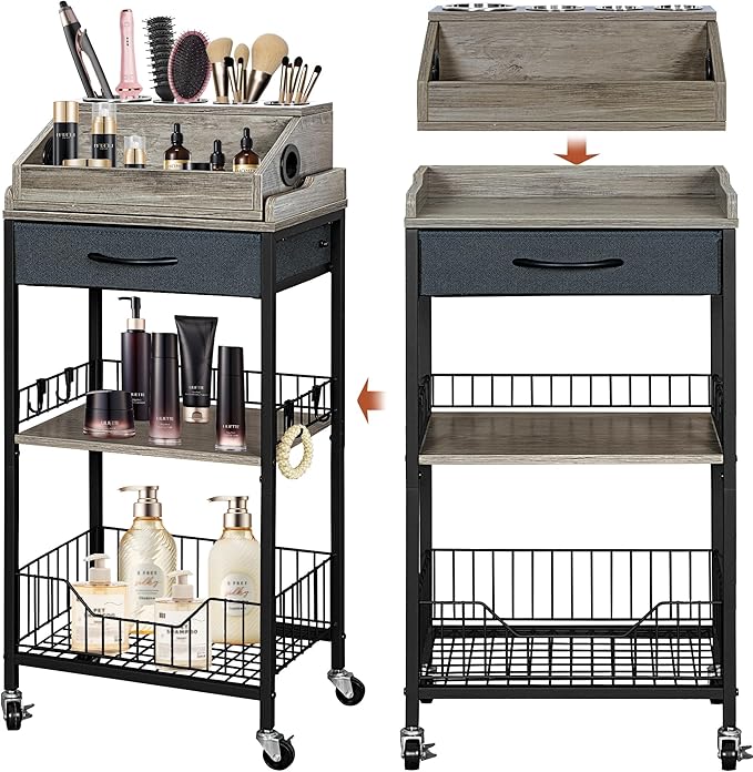 Makeup Organizer Cart Large, 2-in-1 Beauty Organizer with Wheels & Hair Tool Holder, Makeup Stand with Drawer, Vanity Storage Cosmetics Display Cases for Skin Care Nail Polish Perfume-Black