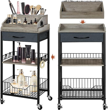 Makeup Organizer Cart Large, 2-in-1 Beauty Organizer with Wheels & Hair Tool Holder, Makeup Stand with Drawer, Vanity Storage Cosmetics Display Cases for Skin Care Nail Polish Perfume-Black