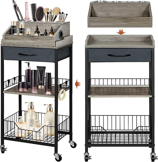 Makeup Organizer Cart Large, 2-in-1 Beauty Organizer with Wheels & Hair Tool Holder, Makeup Stand with Drawer, Vanity Storage Cosmetics Display Cases for Skin Care Nail Polish Perfume-Black