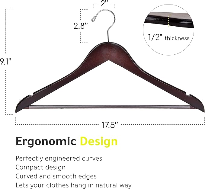 Quality Wooden Hangers - Slightly Curved, 20 Pack Sets - Mahogany Color Wood Coat Hangers with Chrome Hooks - Heavy-Duty for Clothes, Jackets, Shirts, Pants, Suits