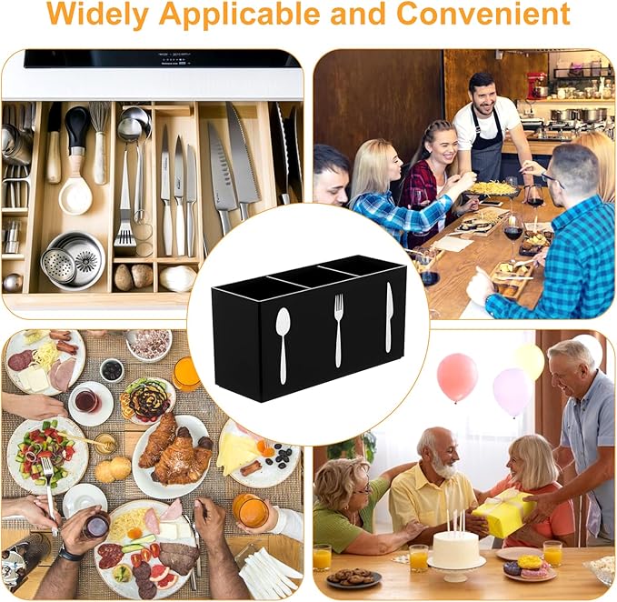 Cutlery Storage Organizer Silverware Caddy Utensil Holder Countertop Knife Spoon and Fork Organizer Kitchen 3 Section Tableware Storage Box Indoor Outdoor Party Tableware Holder (Black)