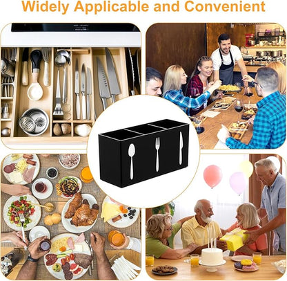 Cutlery Storage Organizer Silverware Caddy Utensil Holder Countertop Knife Spoon and Fork Organizer Kitchen 3 Section Tableware Storage Box Indoor Outdoor Party Tableware Holder (Black)