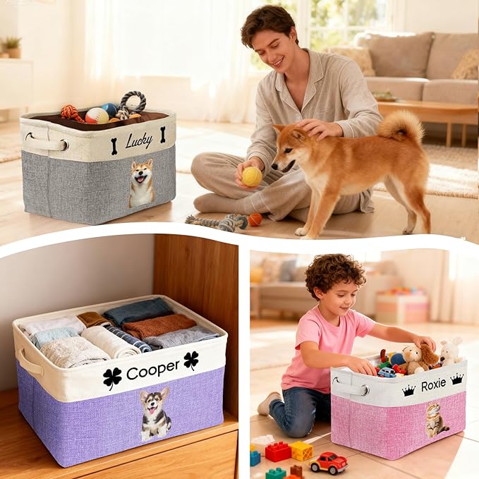 Personalized Dog Cat Toy Storage Basket with Pet's Name Custom Foldable Storage Box with Handles for Blankets Pet Stuff, Toys, Clothes