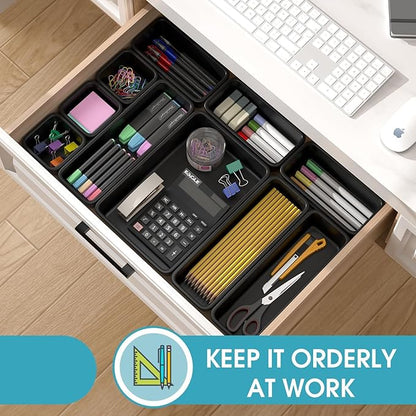 StoreHappily 10 PCS Drawer Organizer Set, 4 Size Makeup Drawer Divider Organizer With Non-Slip Pads, Interlocking Plastic Storage Bins for Office,Jewelry Vanity,Gadgets, Bathroom,Kitchen, Black