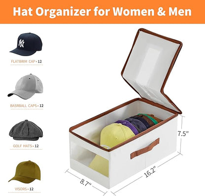 Stackable Hat Organizer for Baseball Caps, Hat Storage Holder Container for Closet Hold Up to 12 Caps with Clear Window, Hat Boxes for Home Storage (White, 1 Pack)