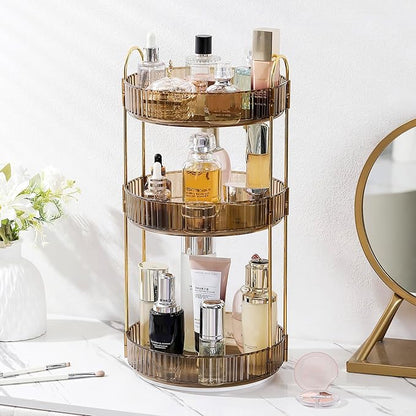 Aveniee Rotating Makeup Organizer for Vanity, 3 Tier Perfume Organizers and Storage for Bathroom Countertop, Clear Spinning Skincare Counter Shelf Holder for Dresser,Brown