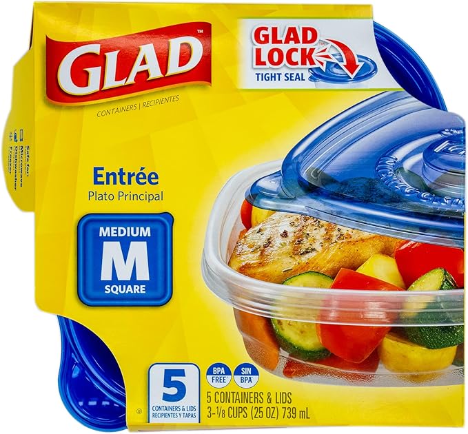 Glad GladWare Entree Food Storage Containers with Lids, Medium Square BPA Free Plastic for Meal Prep and Lunches, Lock Tight Seal, Microwave and Dishwasher Safe, 25 Oz, 5 Count - 6 Pack