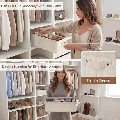 StorageWorks Narrow Storage Bins, Small Basket for Closet and Shelves, Fabric Closet Organizer Storage Bins with Handles, Toilet Paper Storage Baskets, Beige, Cotton Linen, 2-Pack