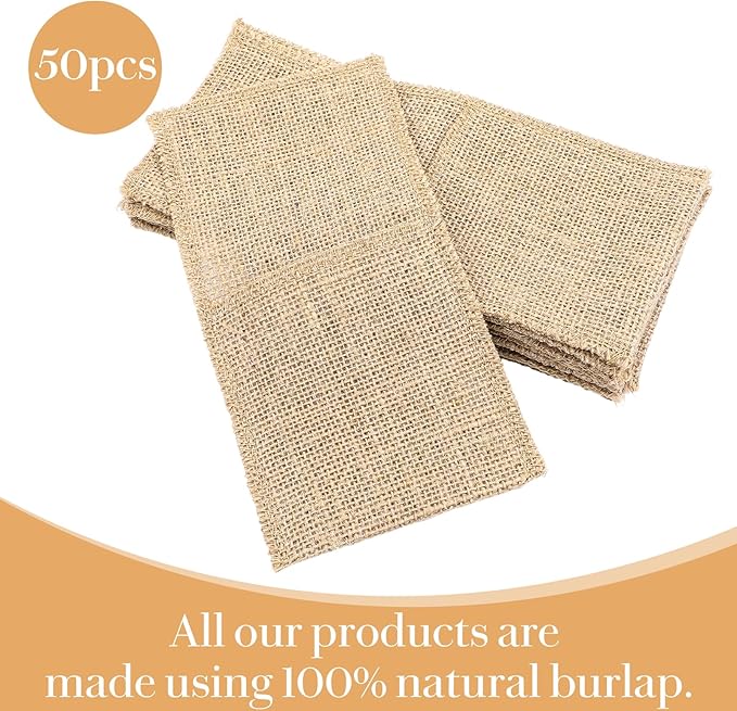 50 Pcs Natural Jute Utensils Holders, 8.8 x 4 inch Cutlery Pouch, Silverware Holder, Napkin Bag for Rustic Wedding Party Decorations