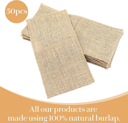 50 Pcs Natural Jute Utensils Holders, 8.8 x 4 inch Cutlery Pouch, Silverware Holder, Napkin Bag for Rustic Wedding Party Decorations